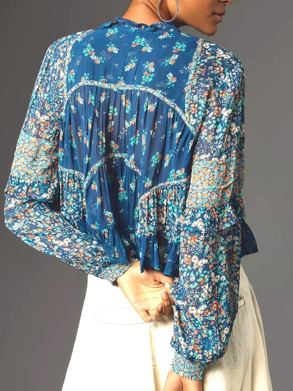 Anthropologie Sheer Babydoll Blouse In Blue Floral Print - Picture 2 of 10